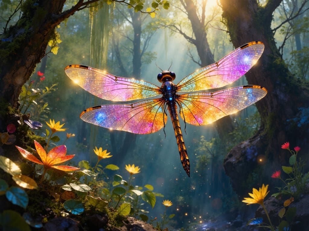 Luminescent Dragonfly in Enchanted Forest