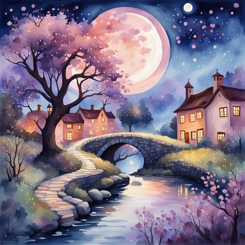 Dreamy Watercolor Village Under Iridescent Moon