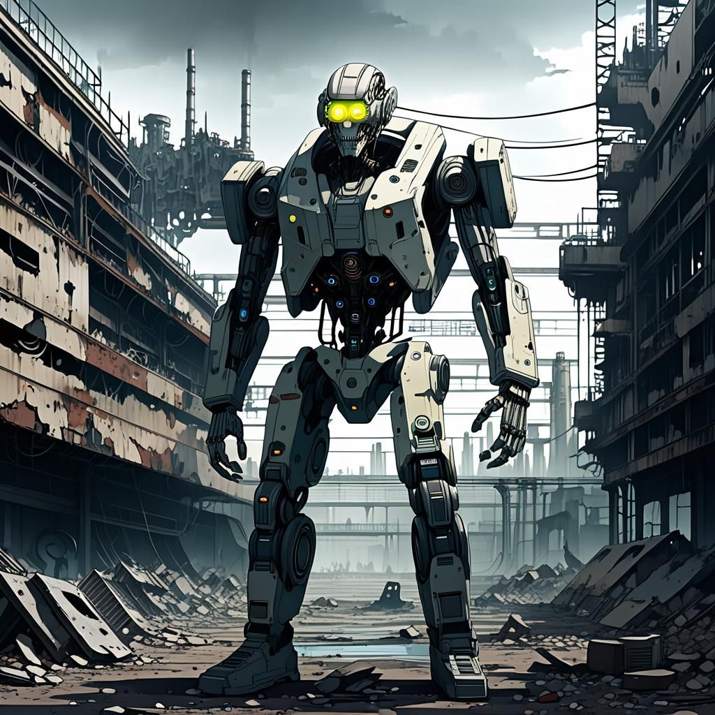 Anime-Style Alien Cyborg in Dystopian Sci-Fi Landscape