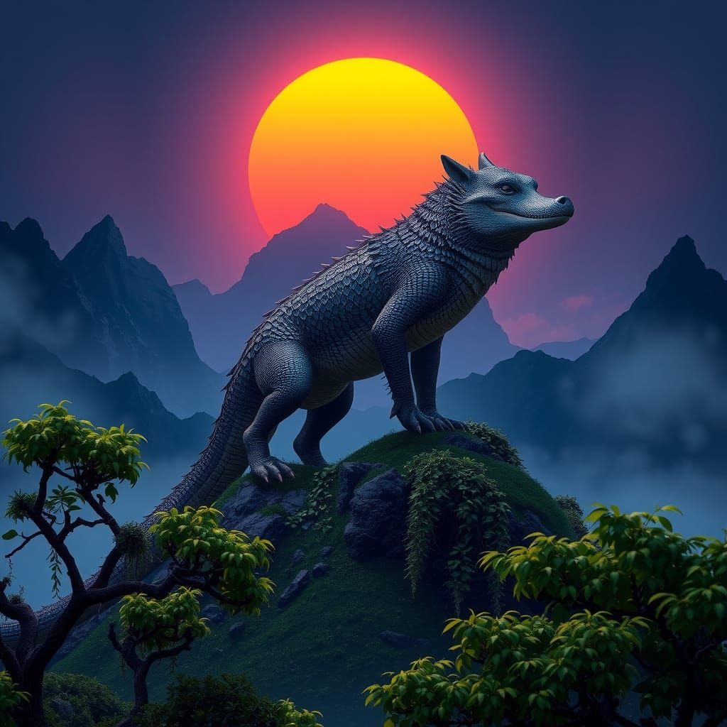 Iridescent Wolf-Crocodile Hybrid on Misty Mountain