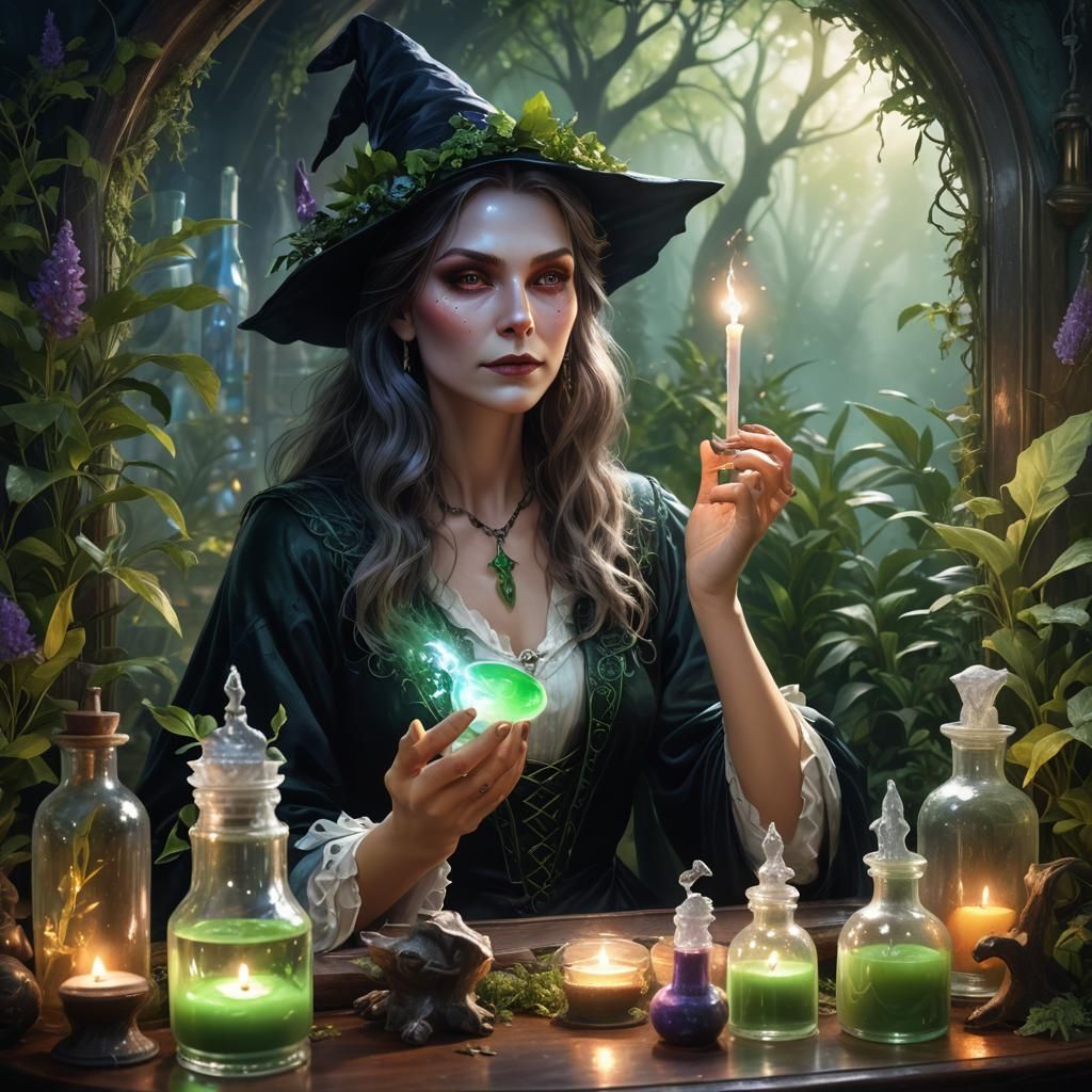 Fantasy Witch Portrait with Healing Cream, Art Nouveau