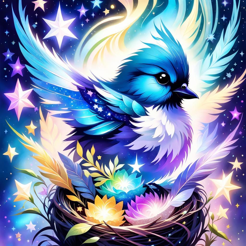 Sparkly Star Nest Chick in Fantasy Watercolor