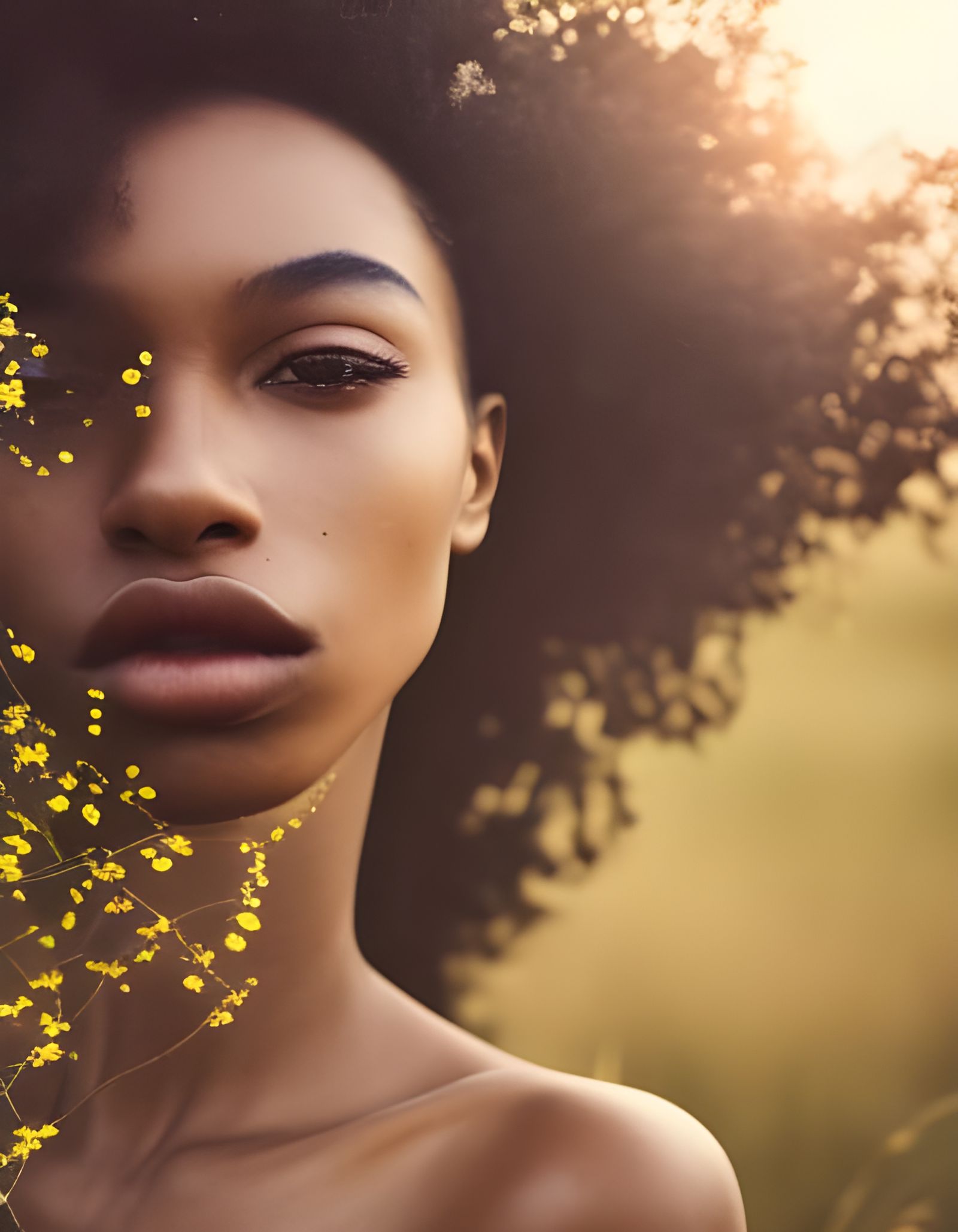 Ebony Woman in Wildflower Field, Golden Hour Editorial
