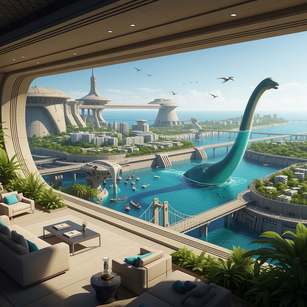 Futuristic City in Bunker with Dinosaur