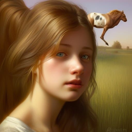 Farmhouse Girl Portrait with Animals in Hyperdetailed Style