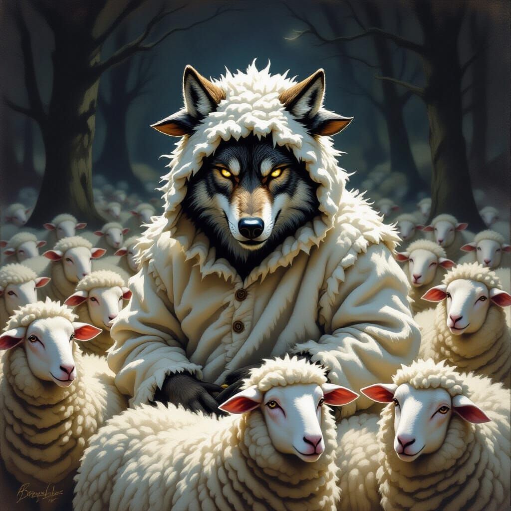 Wolf in Sheep Costume, Dark Fantasy Illustration