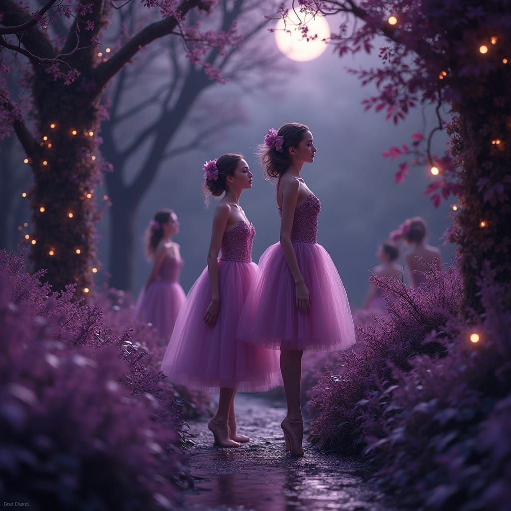 Dreamy Ballet Dancers in Dark Violet Garden