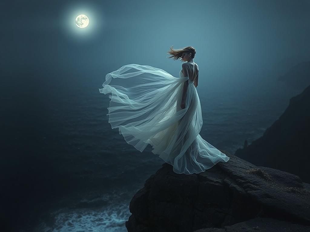 Windswept Beauty: Ethereal Dress on a Cliff