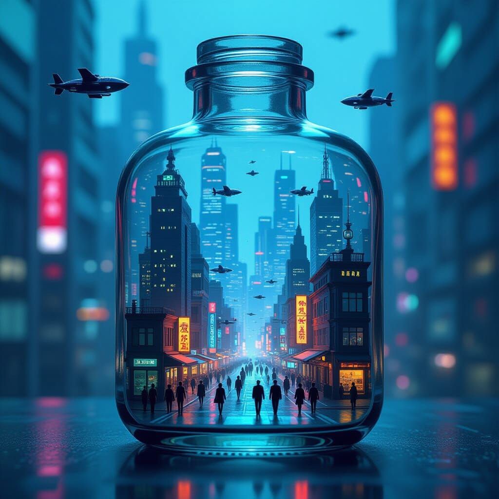 Cyberpunk City in a Bottle: Digital Concept Art