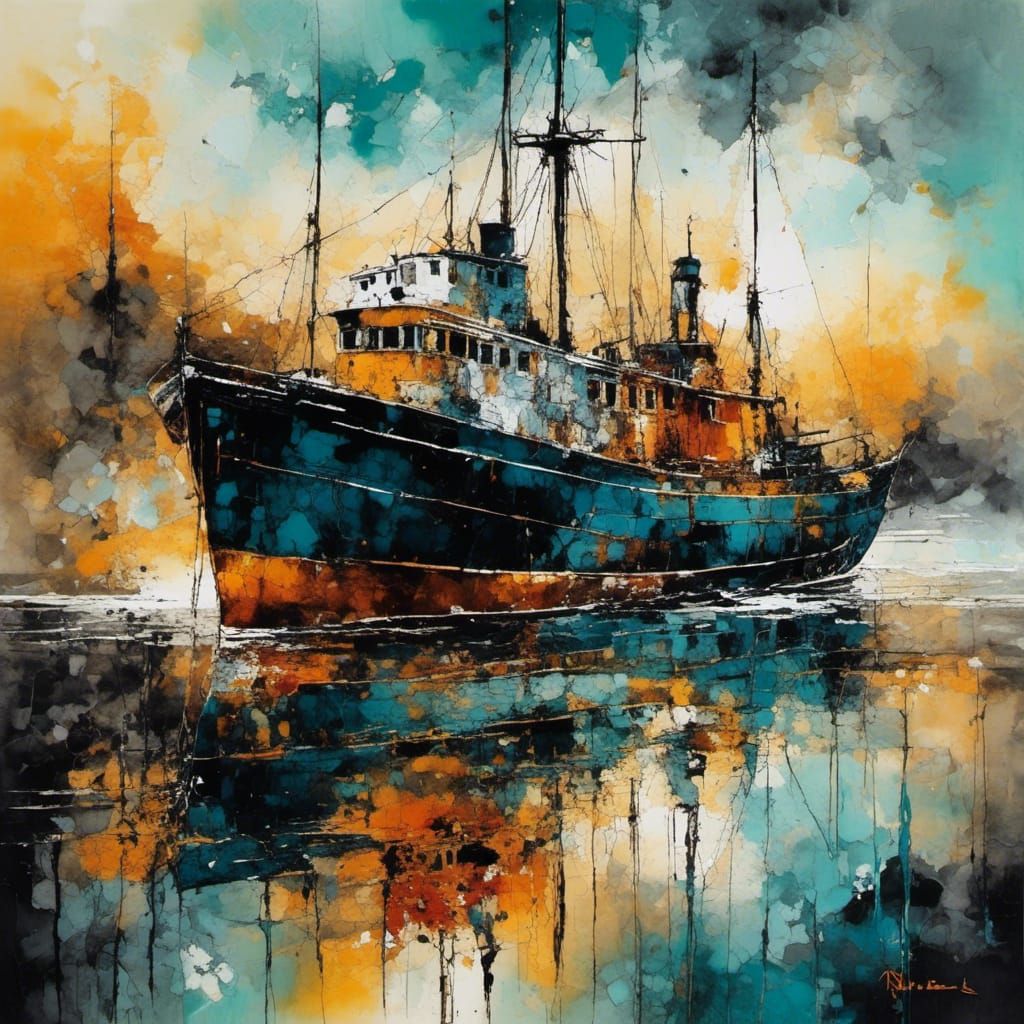 Fantasy Sailboat with Dragon, Mosaic Style