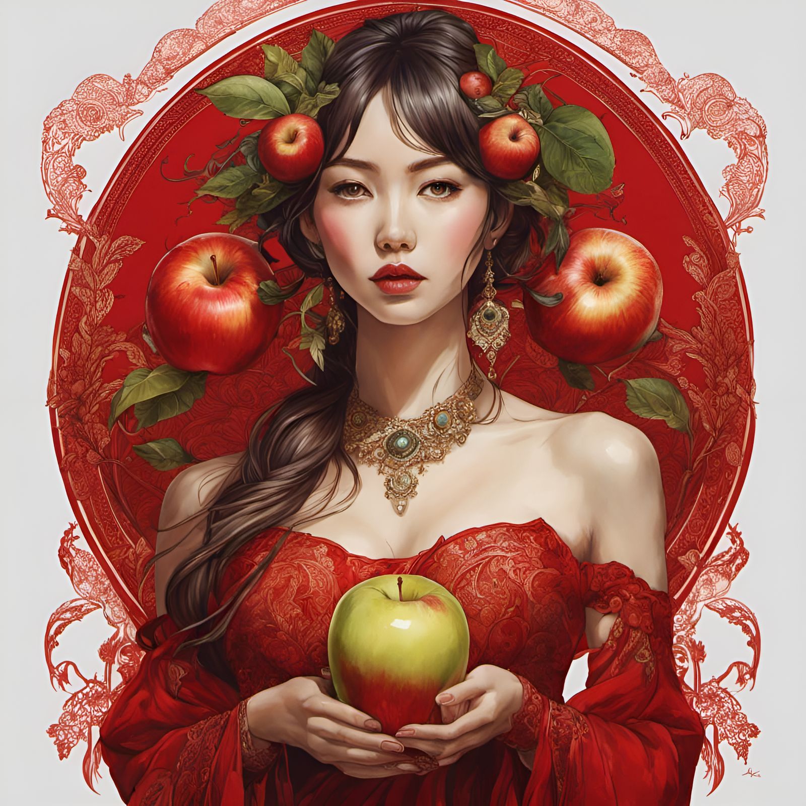 Woman in Red Dress Holding Apple Portrait