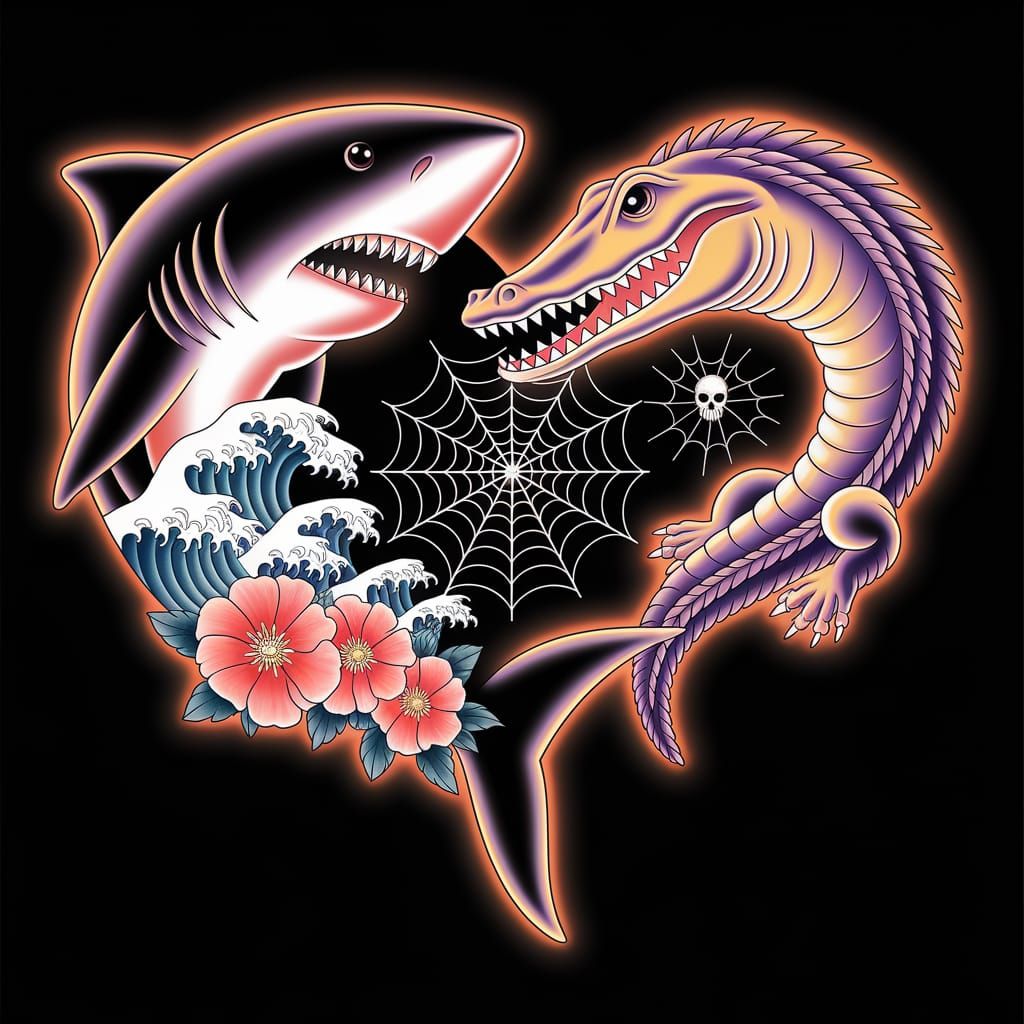Cosmic Tattoo Heart with Shark and Alligator in Holographic ...