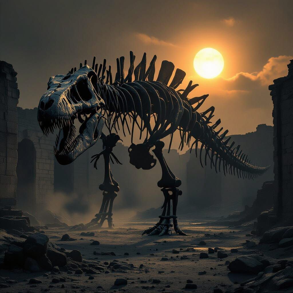 Dinosaur Skeleton in Ancient Ruin Under Dying Sun