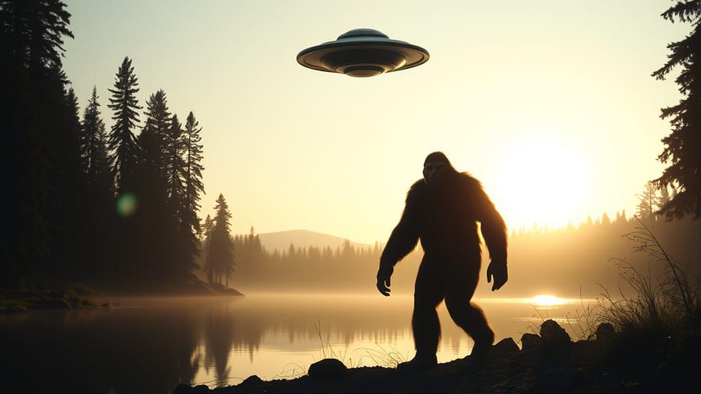 Bigfoot and UFO by the Lake: Cinematic Film Still
