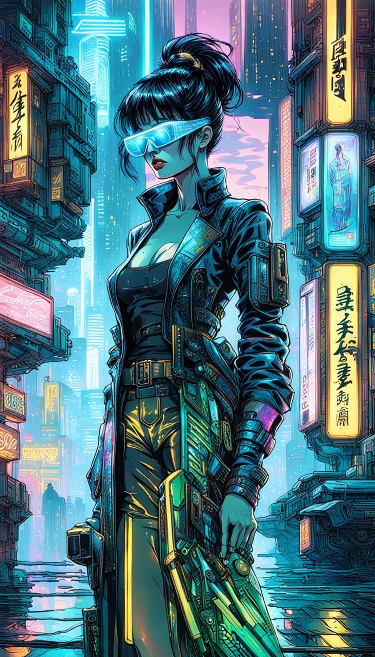 Cyberpunk Cityscape with Holographic Woman Advertisement