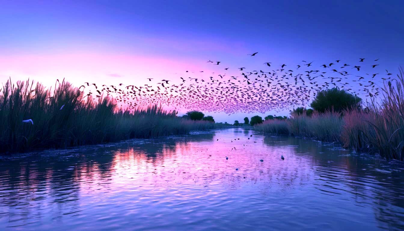 Flamingos in Flight Over Camargue River at Twilight