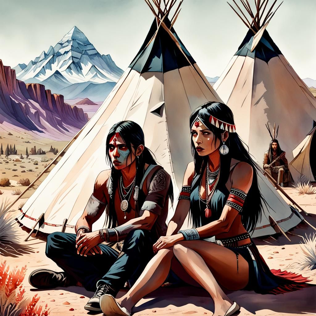 Native Americans in Desert Landscape, Watercolor Style