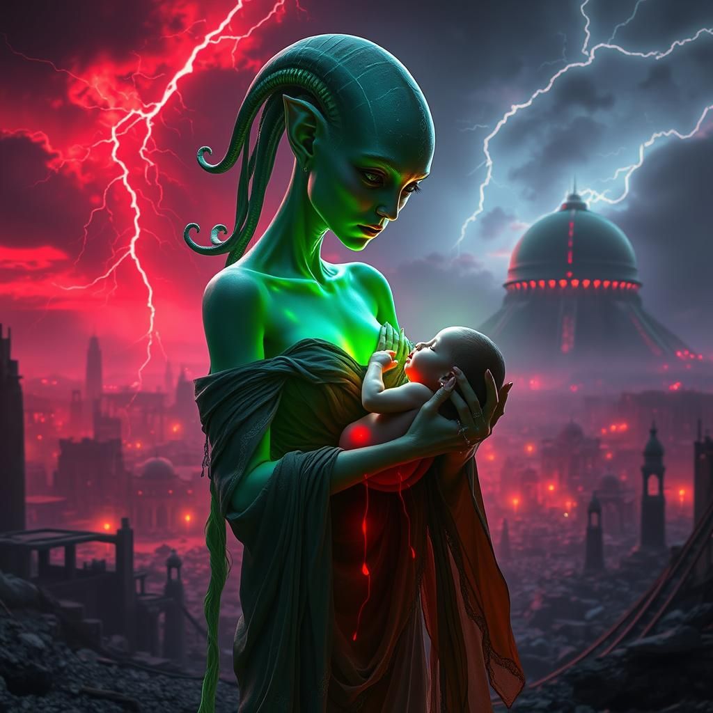 Alien Woman with Human Baby in Ruined City