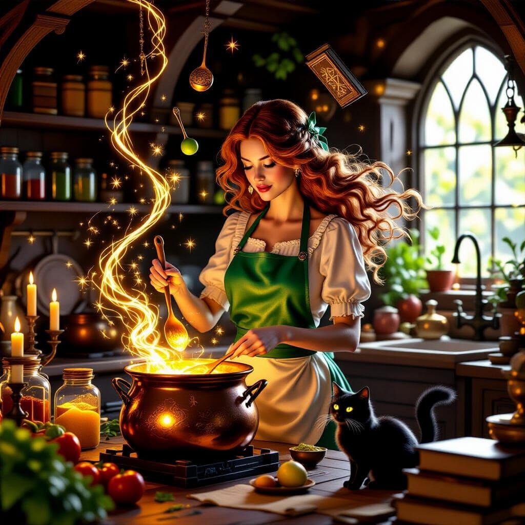 Magical Kitchen Scene with Glowing Cauldron and Enchanted It...