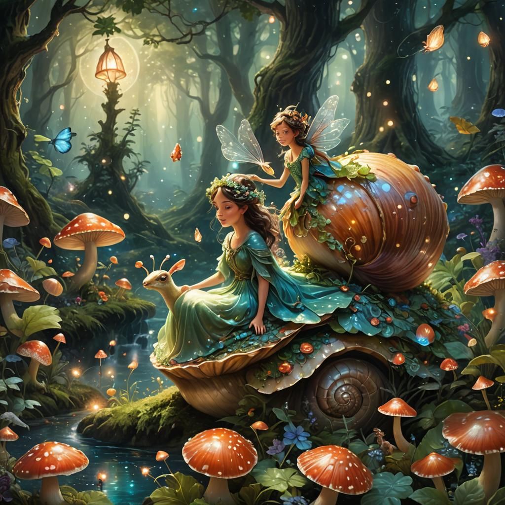 Fairy Riding a Flying Snail in Ethereal Forest