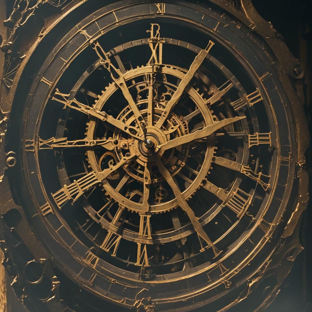 Ominous Clock in Abandoned Hallway: Cinematic Still