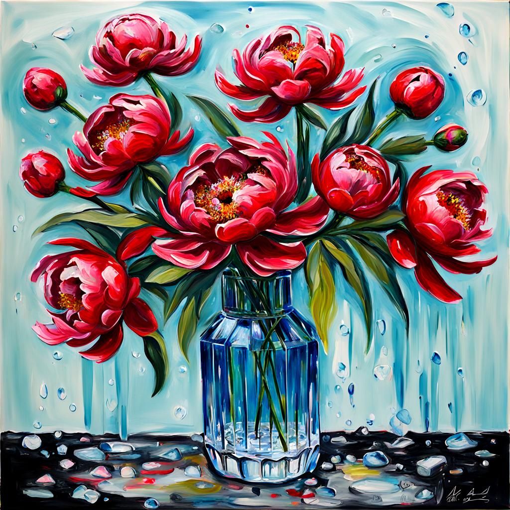 Red Peonies in Crystal Vase: Outsider Art