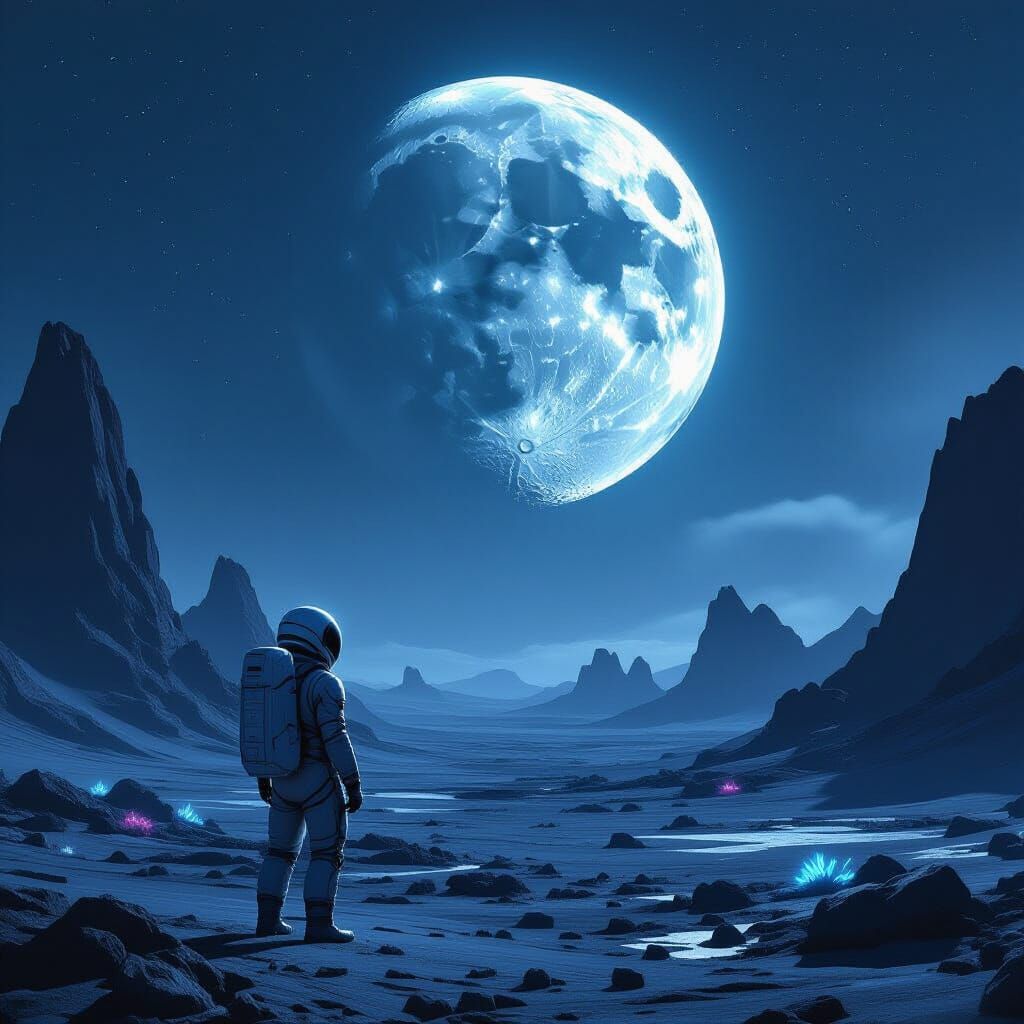 Astronaut Gazes at Shattered Alien Moon