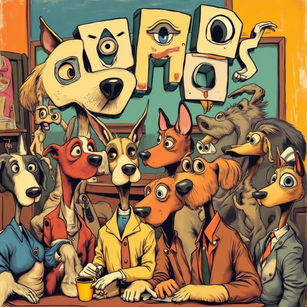 Anthropomorphic Dogs in Classroom, Retro Illustration