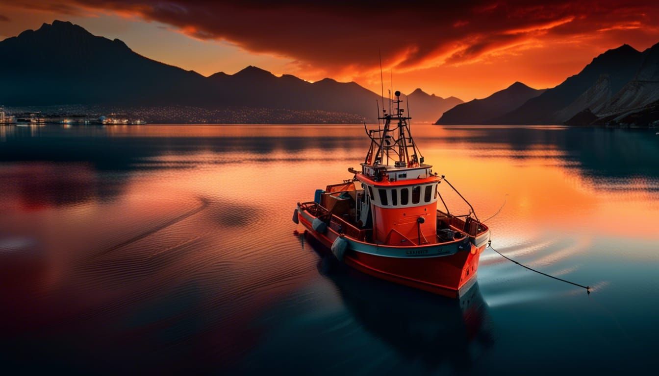 Fishing Boat at Sunset with Mountain View