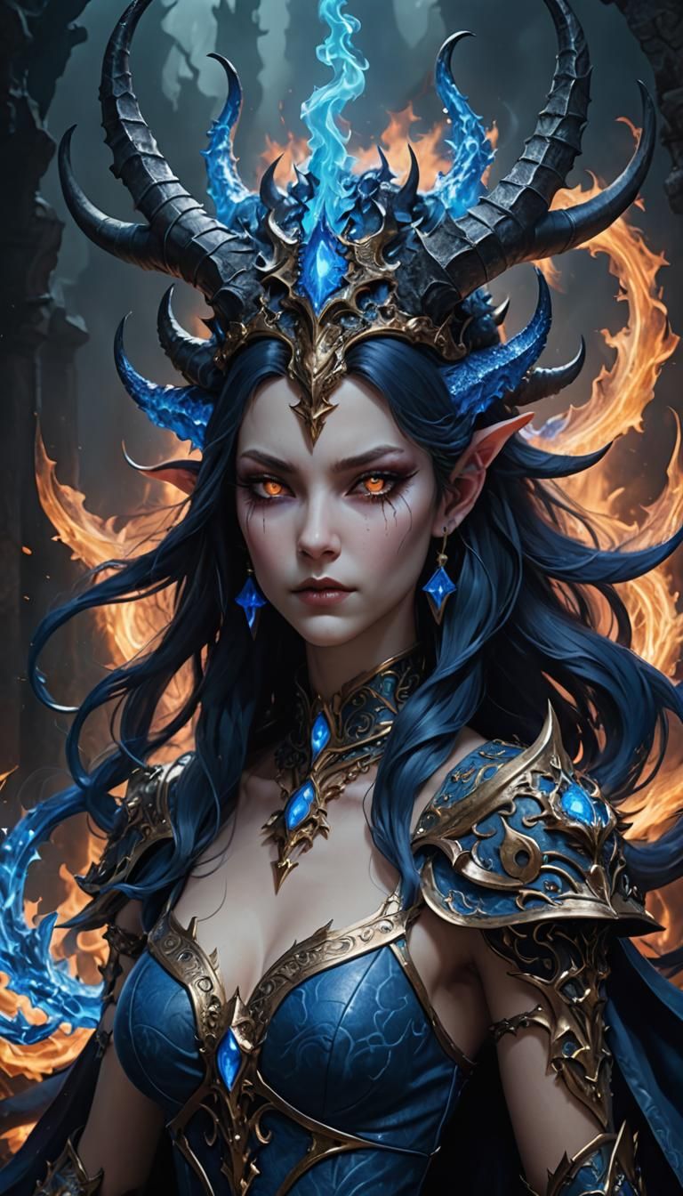 Intricate Female Demon with Blue Fire Crown