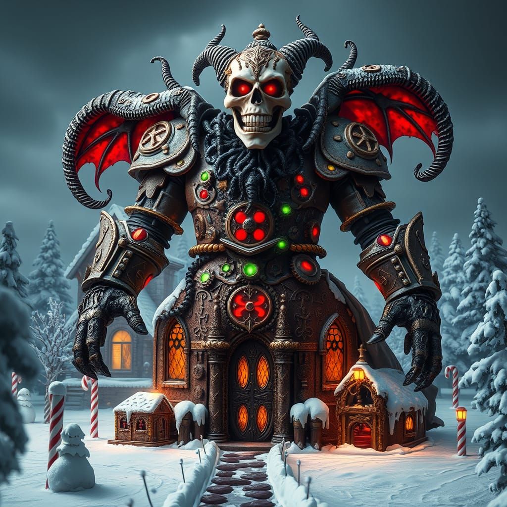 Dark Fantasy Gingerbread House in Cyberpunk Winter Wonderlan...
