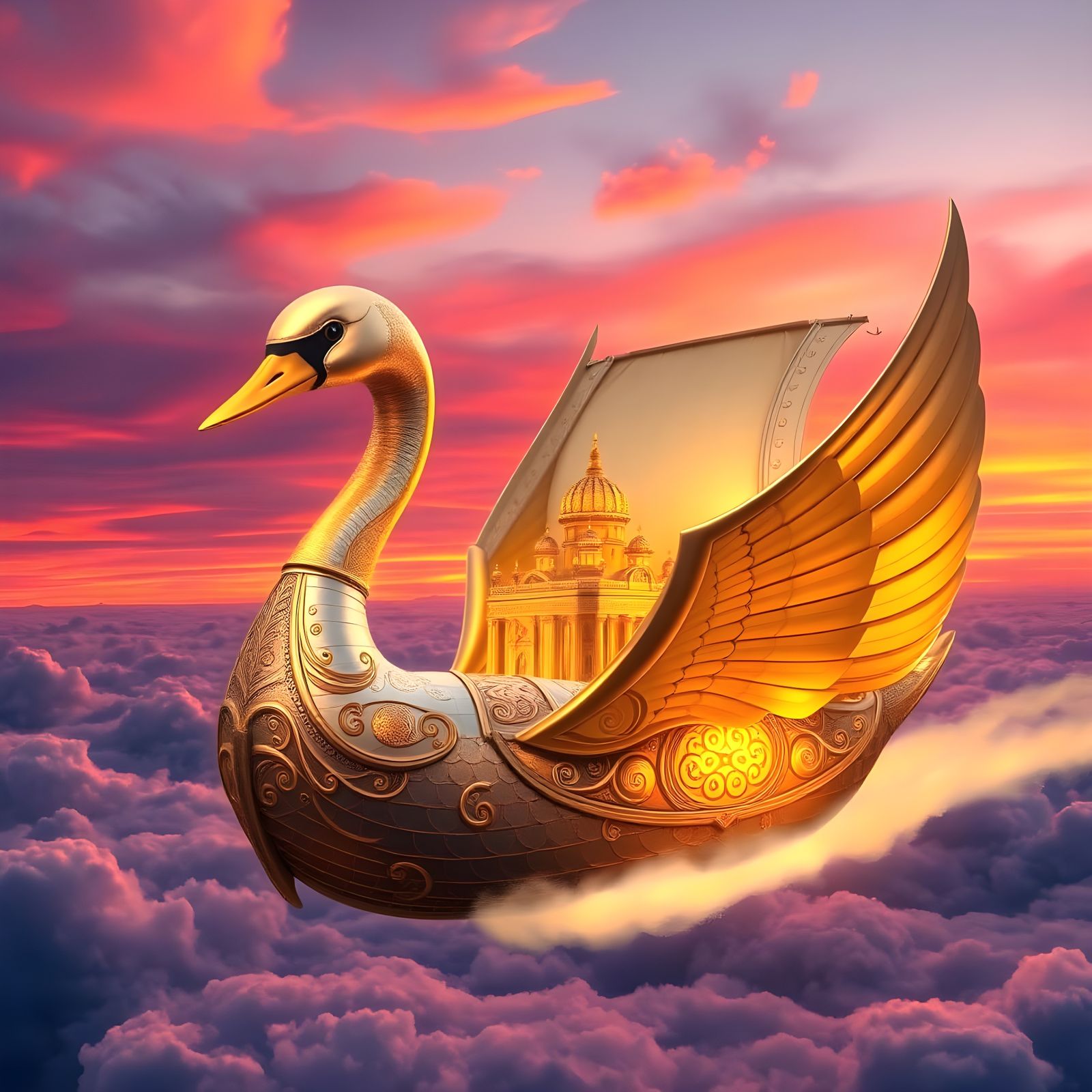 Golden Swan Ship Soars in Sunset Skies with Palace Aboard