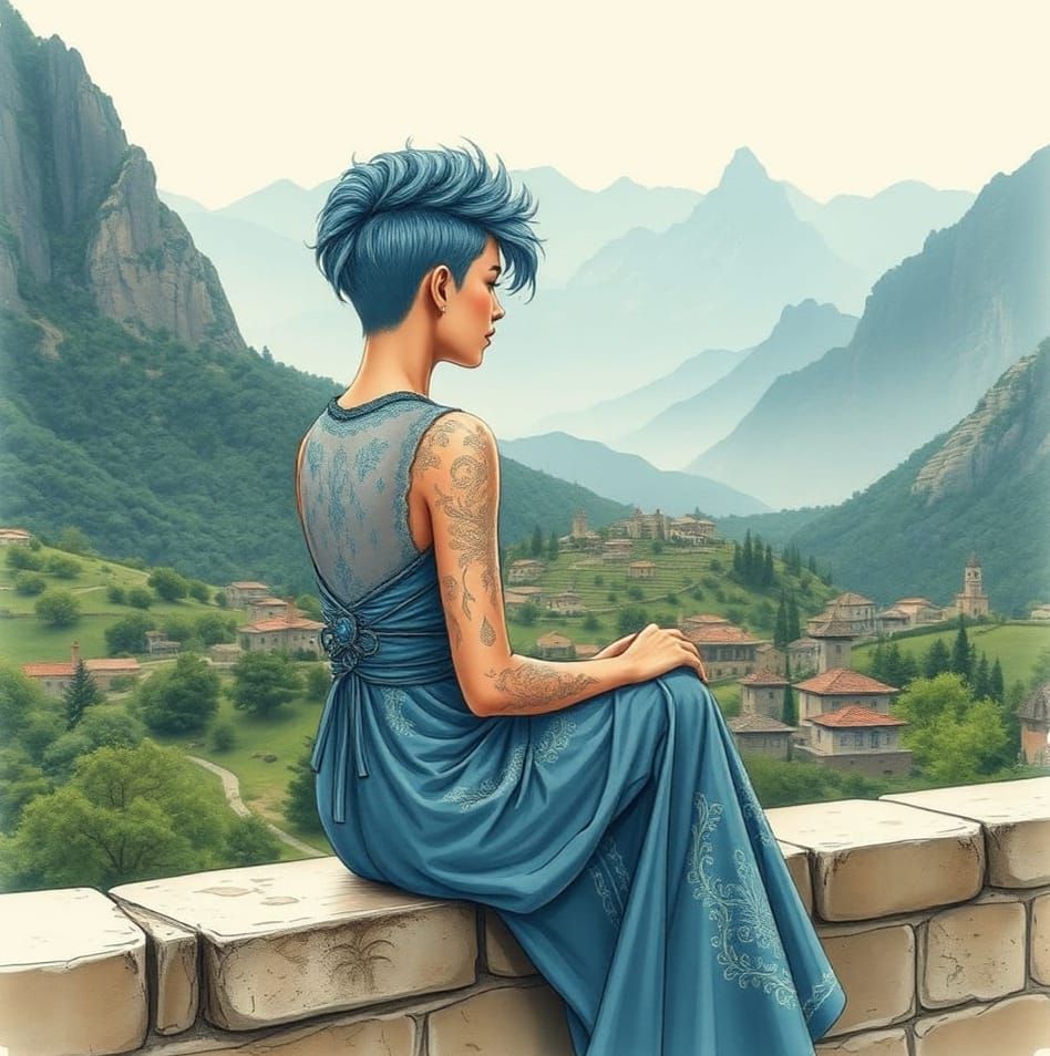 a stunning woman sitting on the balcony overlooking the village. In the distance you can see mountains. A short faded bl...