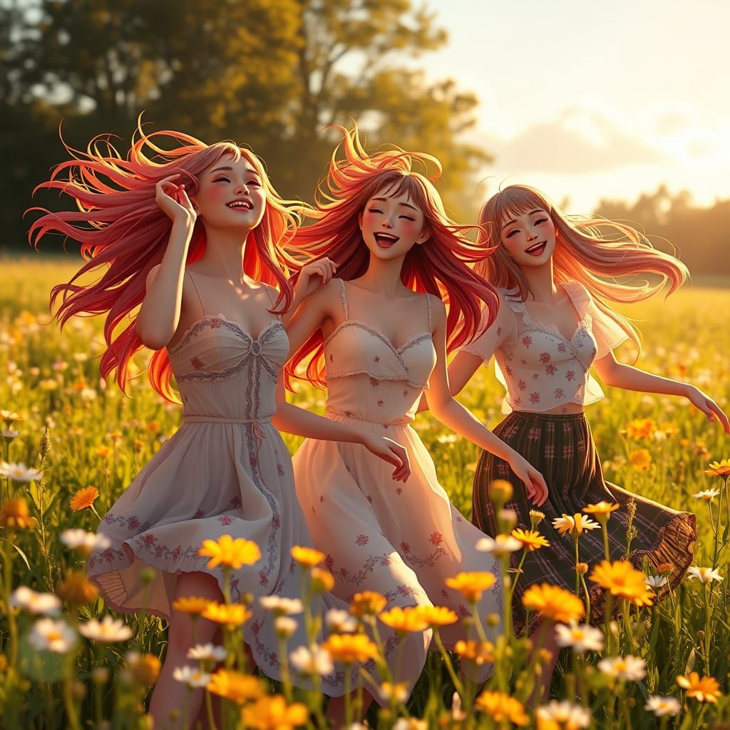 Joyful Women Dancing in Sunlit Wildflower Meadow