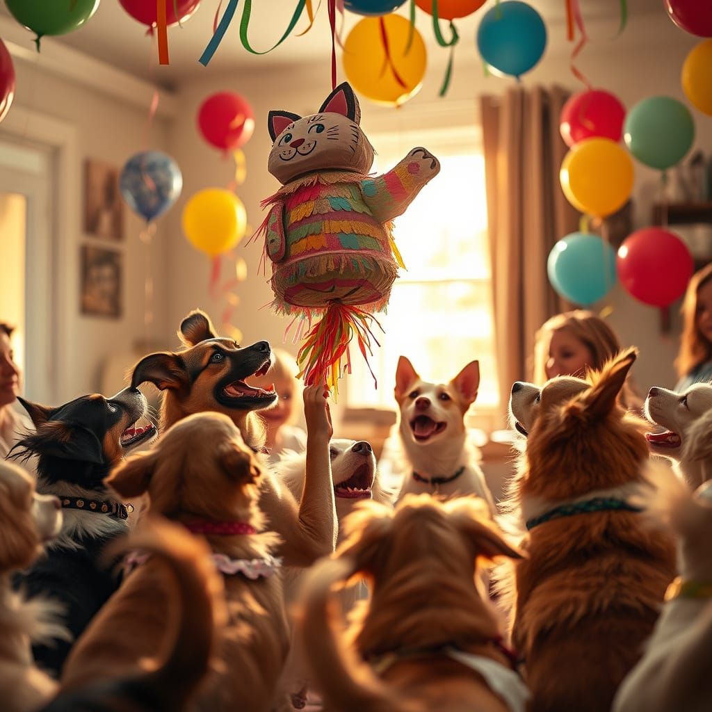 Joyful Dogs Celebrate with Colorful Balloons and Whimsical C...
