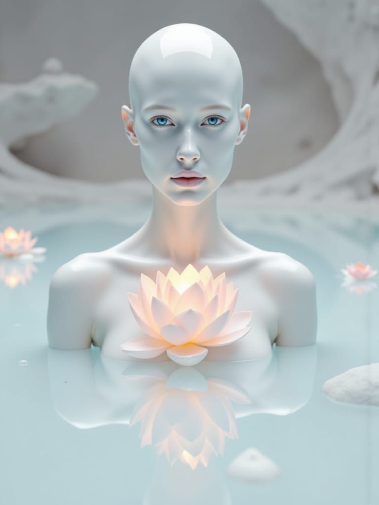 Ethereal Woman with Lotus Flower in Minimalist Style