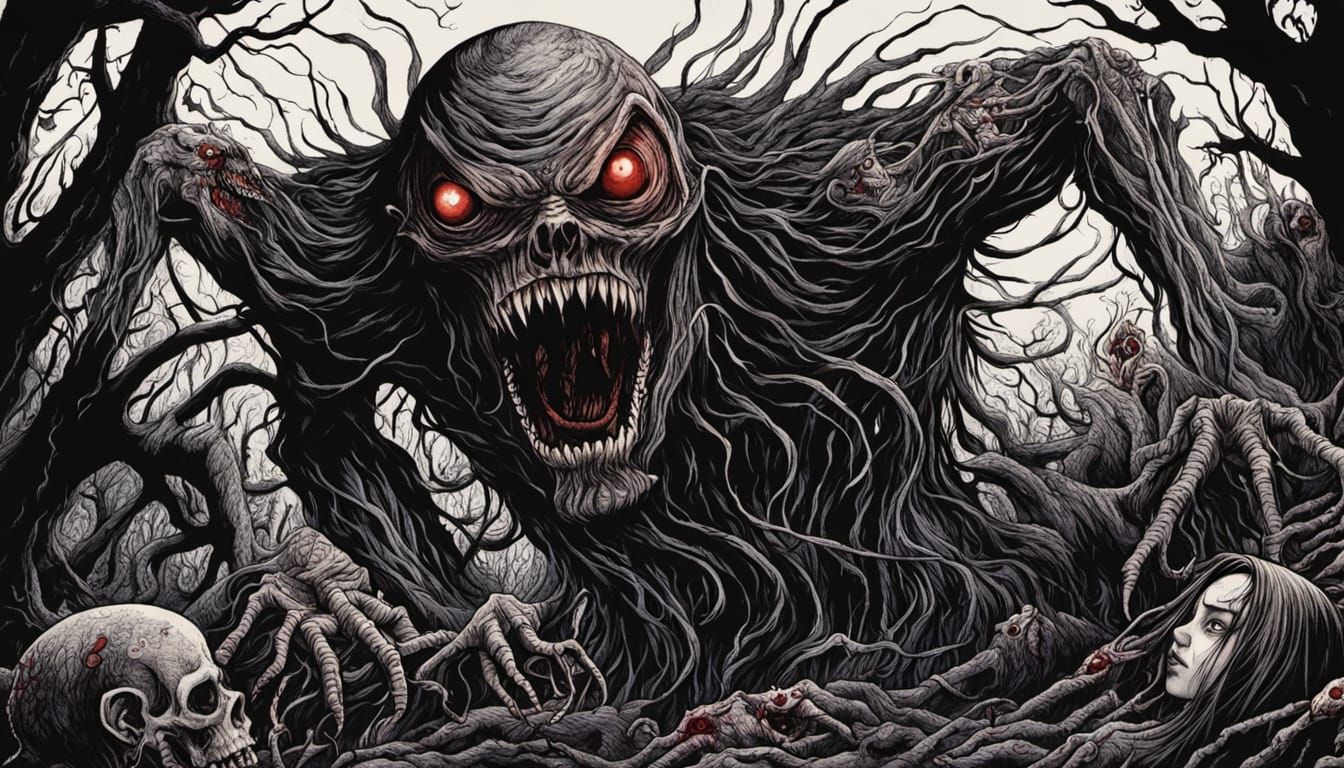 Horror Figure in Dark, Blood-Soaked Landscape