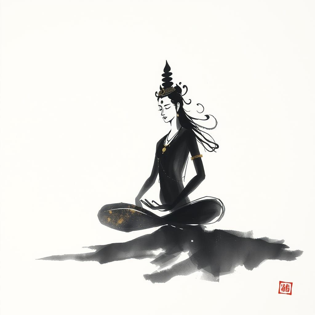 Meditating Devi in Sumi-e Mixed Media with Gold Leaf