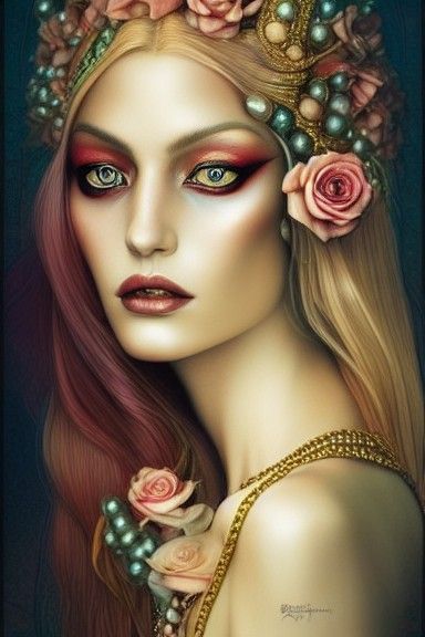 Decadent Portrait of Androgynous God with Pearls and Roses