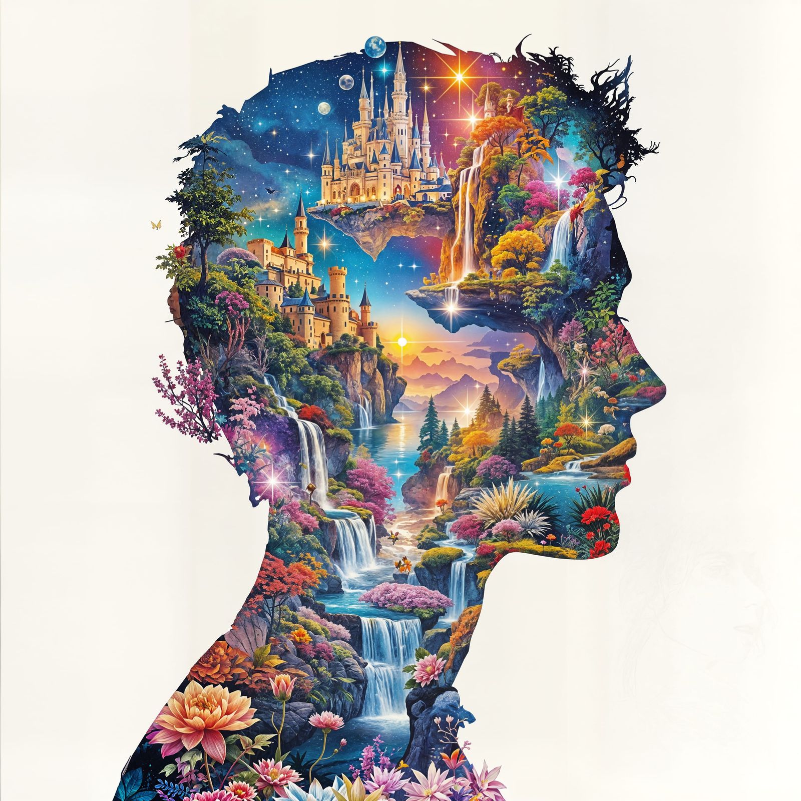 Whimsical Fantasy Dreamscape Collage in Vibrant Colors