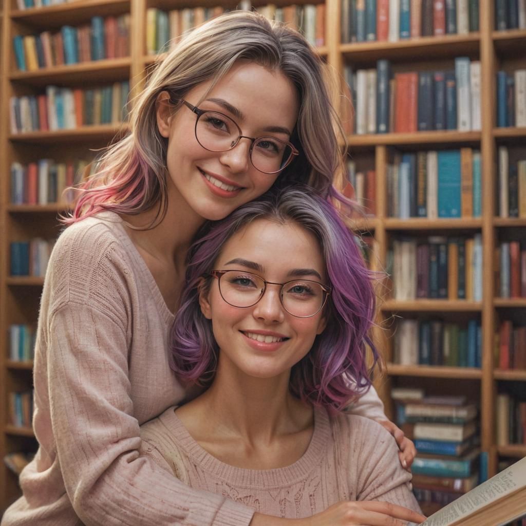 Lesbian Couple Cuddling in Library: Concept Art Portrait