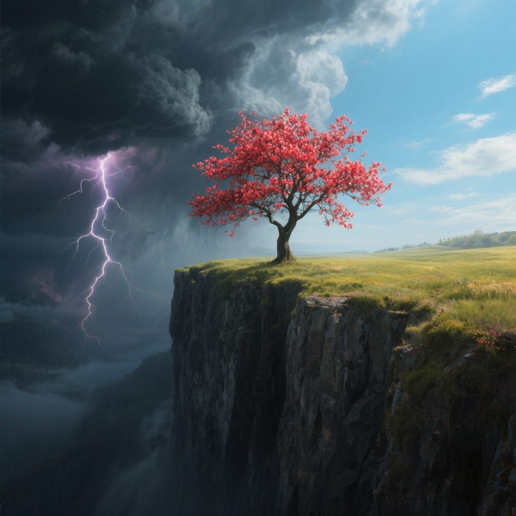 Cherry Tree at Cliff's Edge in Hyper-Detailed Realism