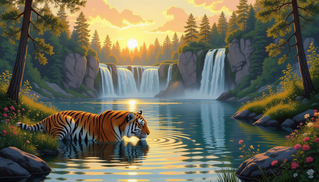 Siberian Tiger at Lake Waterfall in Romantic Style