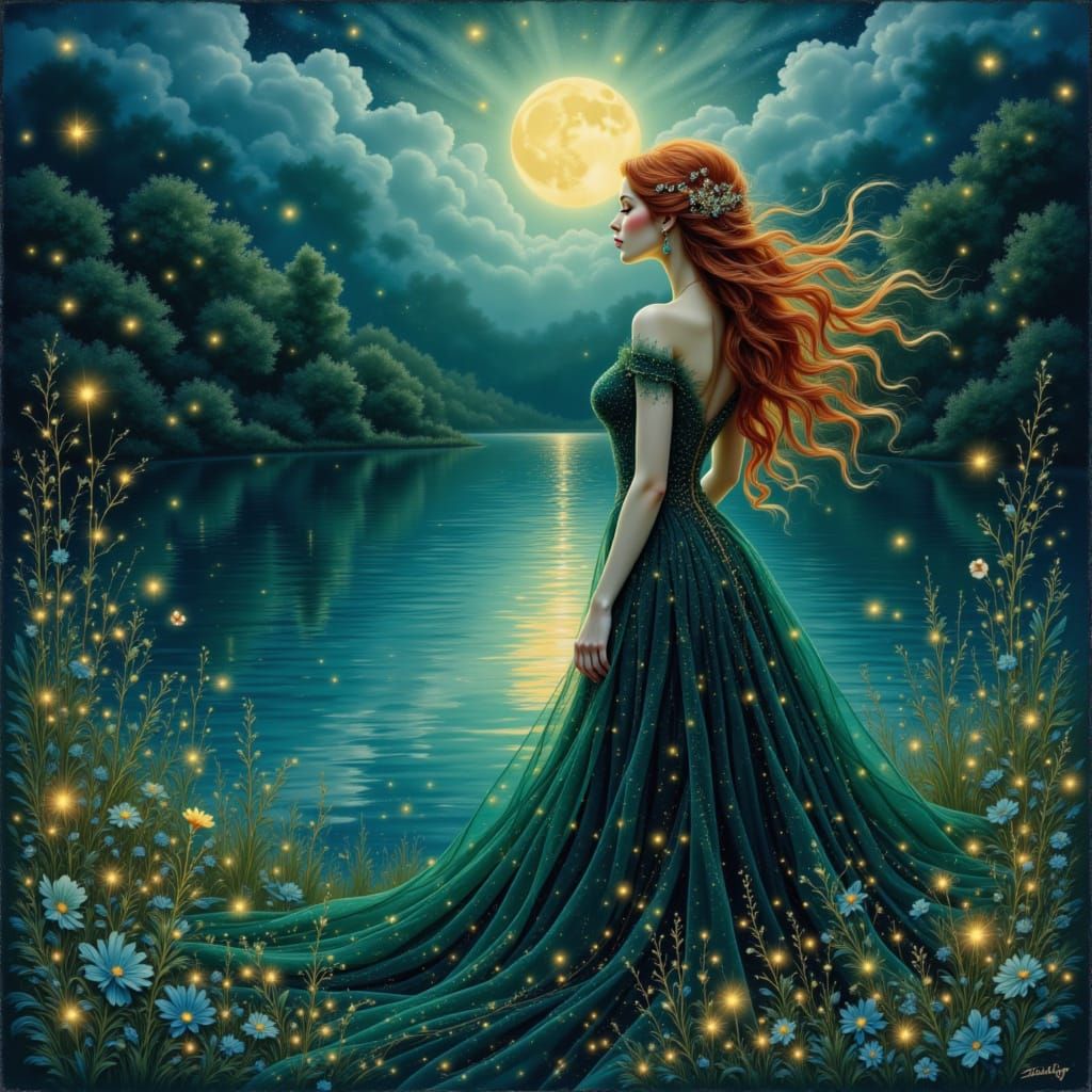 Regal Woman by Moonlit Lake in Enchanted Forest