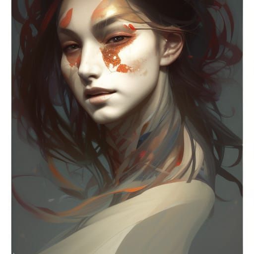 Detailed Portrait of Kitsune Woman in Art Nouveau Style