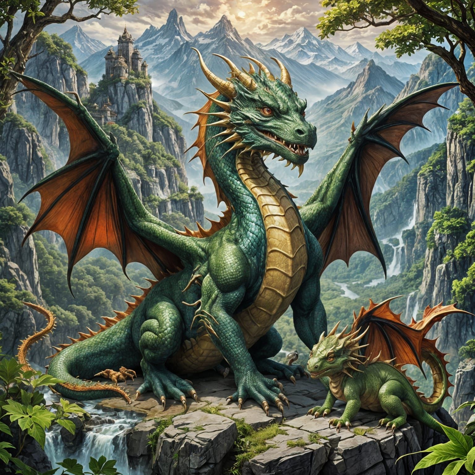 Mountain Dragon Kingdom with Mother and Babies