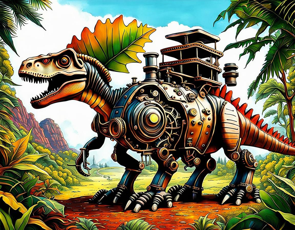 Steampunk Dinosaur World with Colorful Foliage