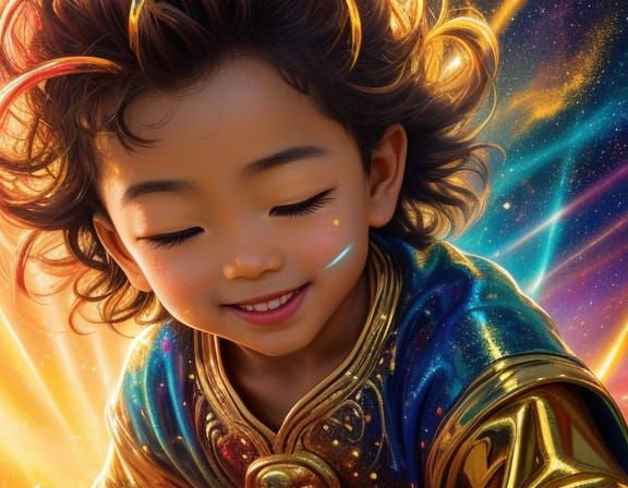 Child's Ecstatic Play with Cosmic Zen in Vibrant Oil Paintin...