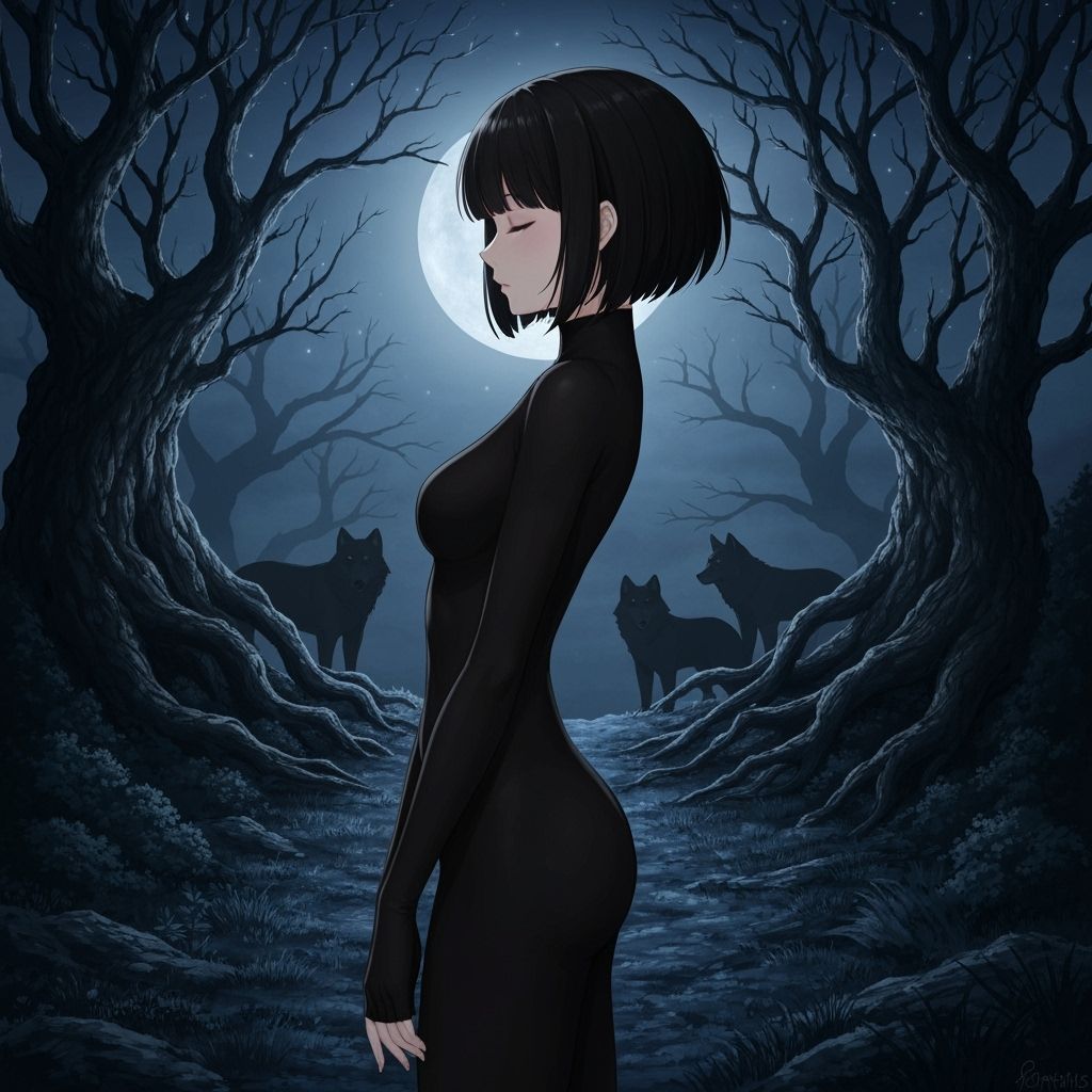 Anime Woman Sleeping in Dark Forest Under Moonlight