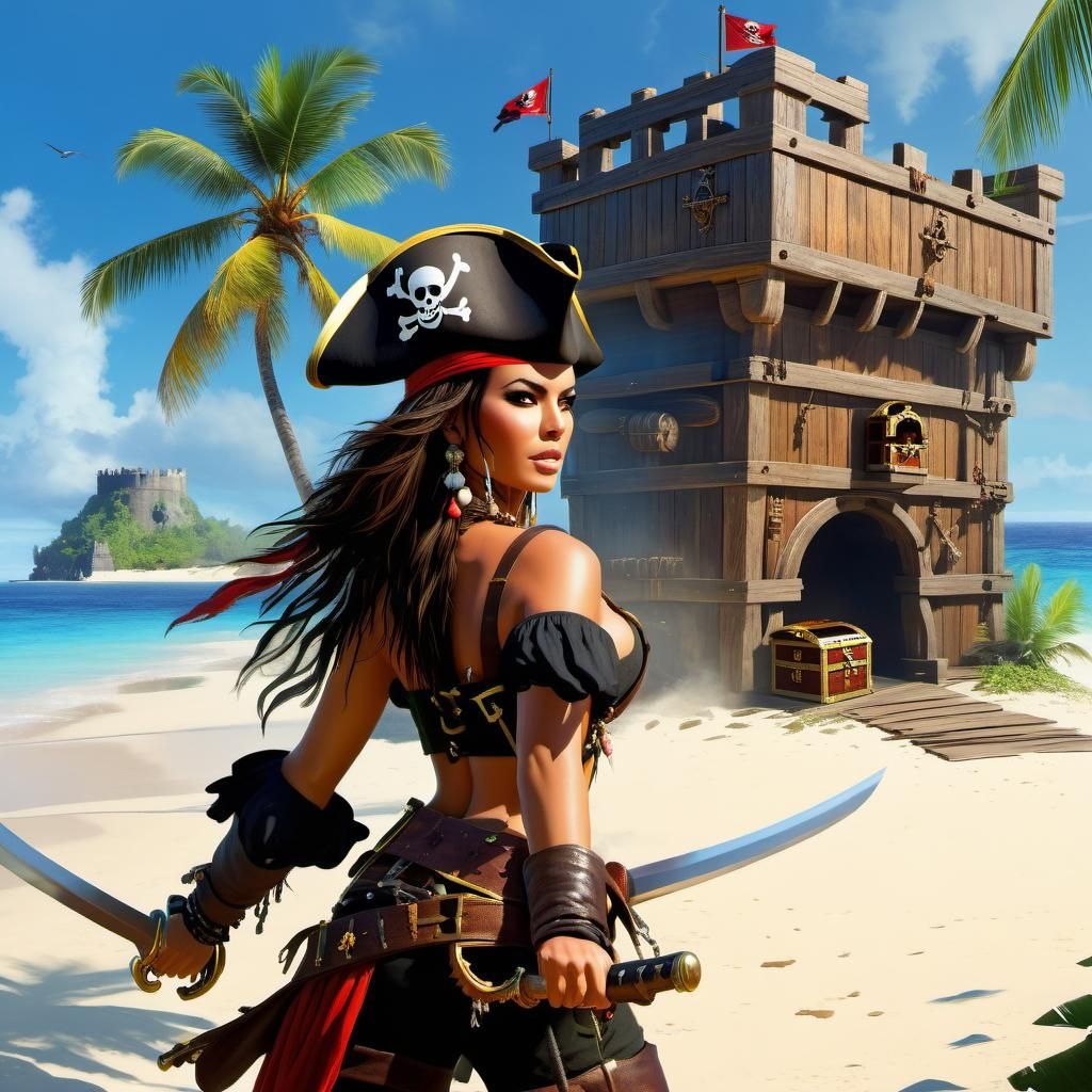 Lady Pirate Opens Treasure Chest on Tropical Island